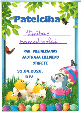 Pateicība Vienības pamatskolai par piedalīšanos jautrajā lieldienu stafetē 31.04.2026. DIV