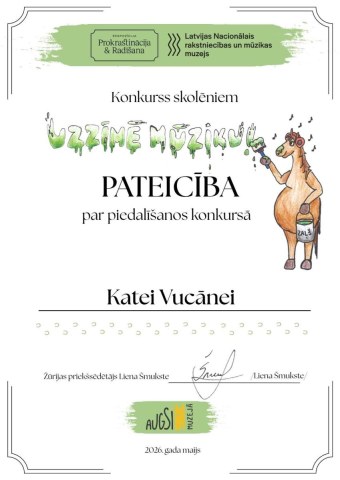Konkurss skolēniem Uzzīmē mūziku! Pateicība par pieedalīšanos konkursā Katei Vucānei 2026. gada maijs