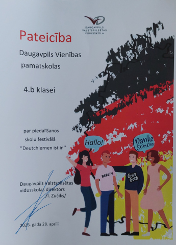 Pateicība Daugavpils Vienības pamatskolas 4.b klasei par piedalīšanos skolu festivālā "Deutchlernen ist in"