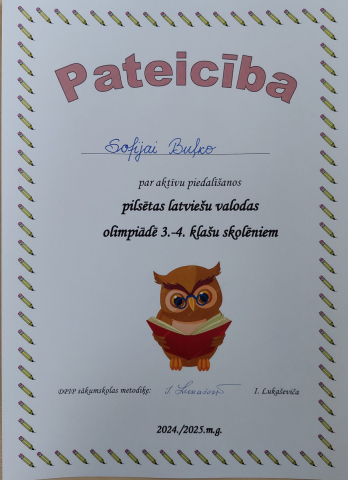Pateicība Sofijai Buļko par aktīvu piedalīšanos pilsētas latviešu valodas olimpiādē 3.-4. klašu skolēniem 2024./2025.m.g.