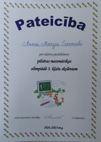 Pateicība Annai Marijai Sarmulei par aktīvu piedalīšanos pilsētas matemātikas olimpiādē 3. klašu skolēniem 2024./2025.m.g.
