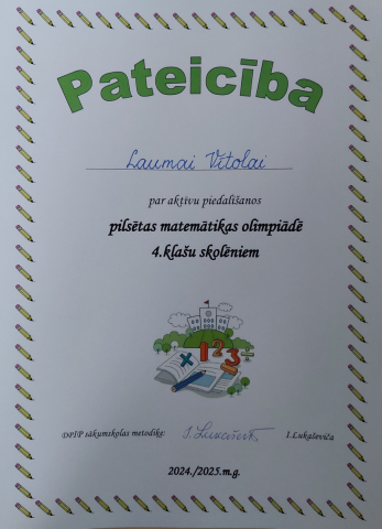 Pateicība Laumai Vītolai par aktīvu piedalīšanos pilsētas matemātikas olimpiādē 4. klašu skolēniem 2025./2025.m.g.