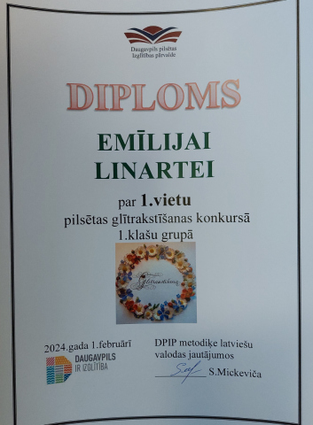 Daugavpils pilsētas izglītības pārvalde - Diploms Emīlijai Linartei par 1. vietu pilsētas glītrakstīšanas konkursā 1. klašu grupā 2024. gada 1. februārī