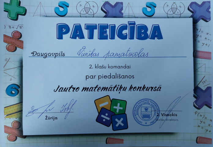 Pateicība Daugavpils Vienības pamatskolas 2. klašu komandai par piedalīšanos Jautro metemātiķu konkursā