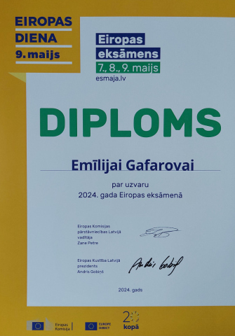 Eiropas eksāmens 7.,8.,9. maijs Diploms Emīlijai Gafarovai par uzvaru 2024. gada Eiropas eksāmenā