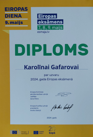 Eiropas eksāmens 7.,8.,9. maijs Diploms Karolīnai Gafarovai par uzvaru 2024. gada Eiropas eksāmenā