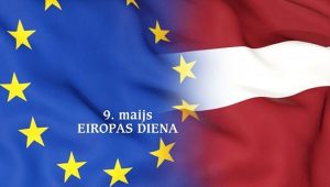 Eiropas un Latvijas karogi, ar tekstu pa virsu "9. maijs eiropas diena"