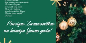 Zaļš apsveikums ziemassvētkos ar tekstu: Trīs baltas patiesības nemanāmi iet pa gadu takām: iet pirmā Labestība katrā vārdā ko viens otram sakām, Tai blakus Godīgums, kam jāvalda starp mums. Un, ja vēl Pienākums šiem diviem mērķiem līdzi iet, Tad citas laimes nevēliet! /A.Saule/ Priecīgus Ziemassvētkus un laimīgu Jauno gadu! Vienības pamatskolas vārdā R. Anspoka