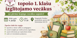 Plakāts ar skolu un skolnieka mantām un tekstu "Laipni aicinām topošo 1. klašu izglītojamo vecākus uz pirmo kopīgo vecāku sapulci!"